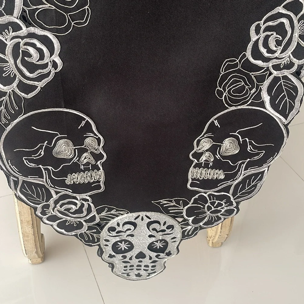 Spooky Hollow Halloween Black Silver Detailed Skull & Roses Table Runner